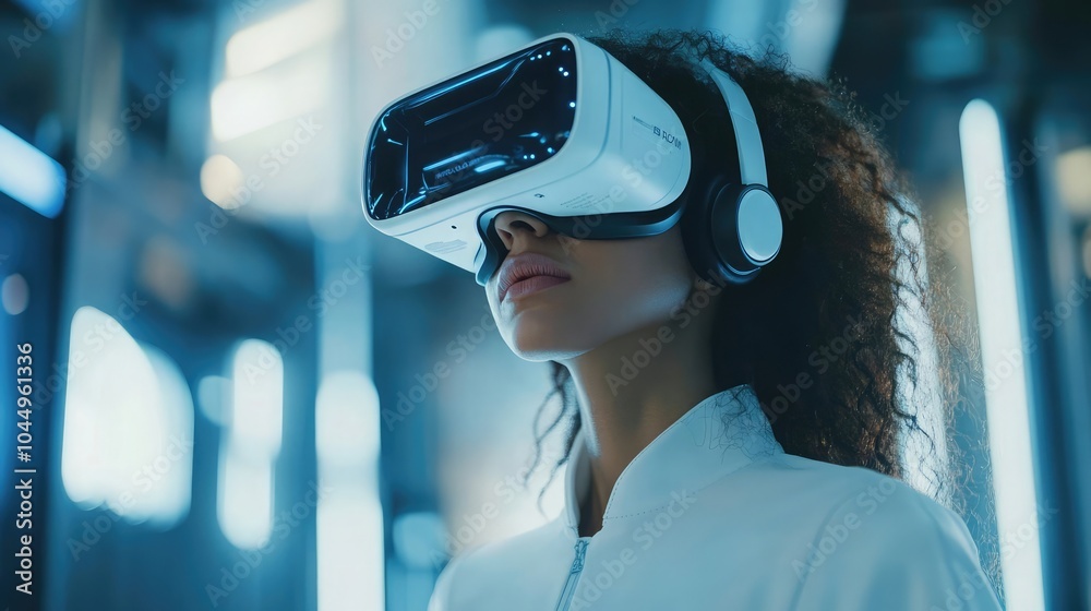Woman wearing virtual reality simulators in a futuristic setting Woman wearing virtual reality simulators in a futuristic setting
