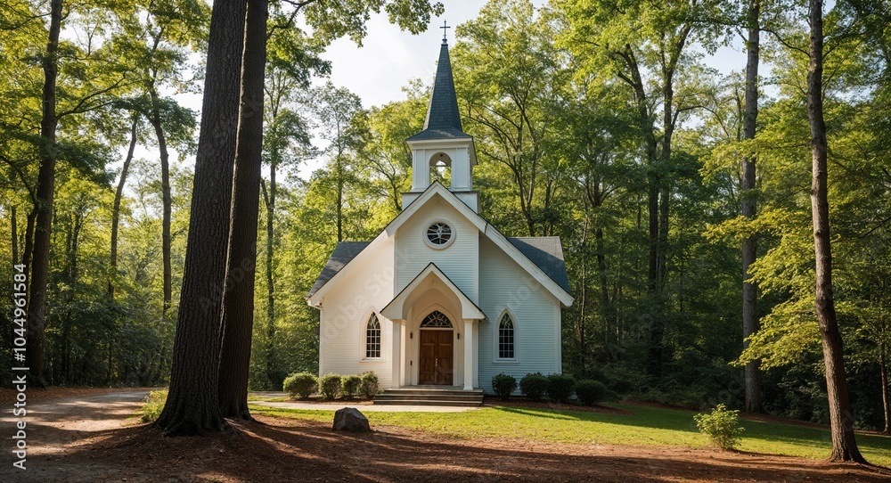 Quaint chapel nestled in the woods background charming chapel tucked away in a serene wooded area Quaint chapel nestled in the woods background charming chapel tucked away in a serene wooded area