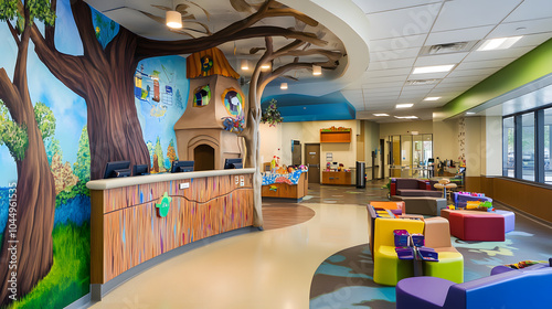 vibrant pediatric hospital lobby designed with playful colors and whimsical tree murals, creating welcoming atmosphere for children and families. space features comfortable seating and engaging