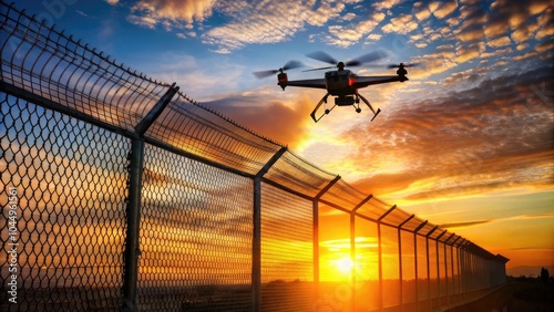 Surveillance Drone Flying over Security Fence at Sunset, employing cuttingedge tech for border control and monitoring. photo