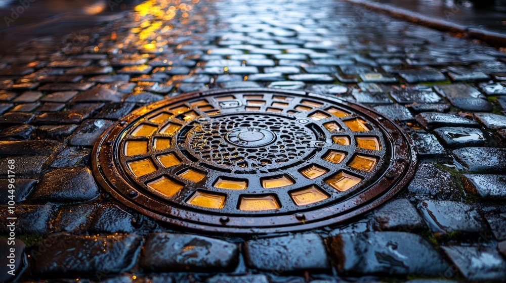 Manhole cover on wet cobblestone street with glowing reflections after rain Manhole cover on wet cobblestone street with glowing reflections after rain