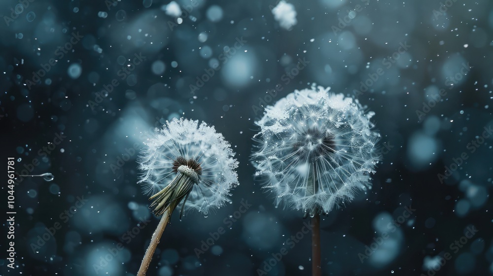 White flying dandelion fluffs on a dark background with bokeh. Macro White flying dandelion fluffs on a dark background with bokeh. Macro
