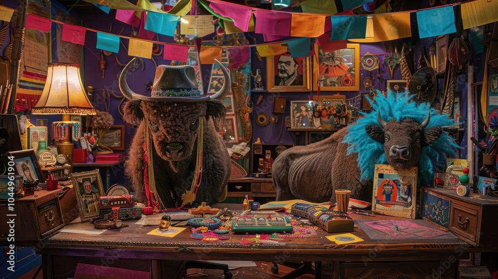 Fototapeta premium Wild West Show: A vibrant and dynamic desk with a circus-like atmosphere. It features a large top hat, a pair of stuffed bison, and a variety of colorful streamers