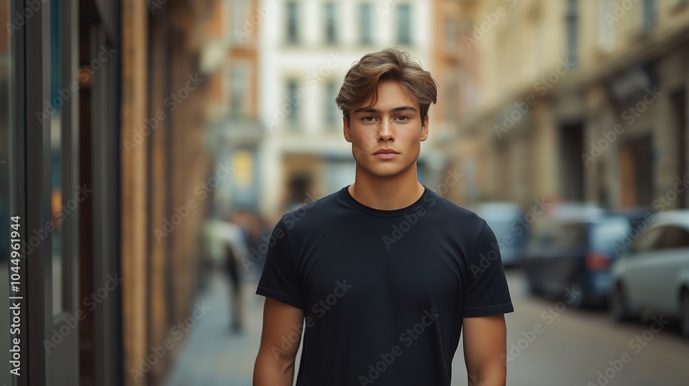 A man in a classic black cotton T-shirt on a metropolitan street.. A man in a classic black cotton T-shirt on a metropolitan street..