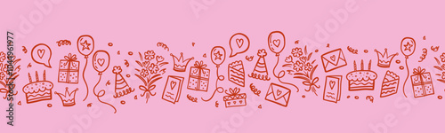 Fun hand drawn party seamless background with cakes, gift boxes, balloons and party decoration. Great for birthday parties, textiles, banners, wallpapers, wrapping - vector design