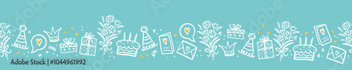 Fun hand drawn party seamless background with cakes, gift boxes, balloons and party decoration. Great for birthday parties, textiles, banners, wallpapers, wrapping - vector design