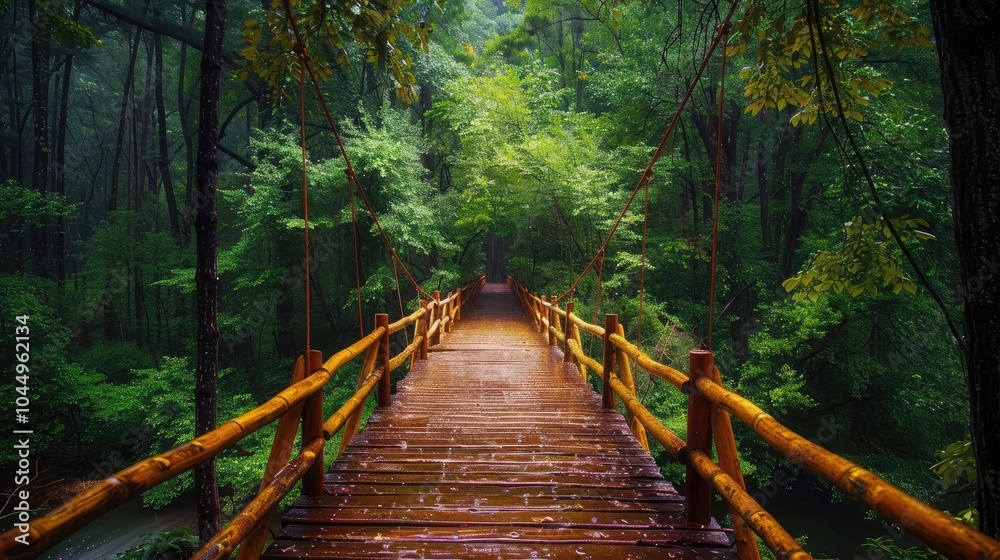 Obraz premium Wooden bridge walkway in to the rain forest