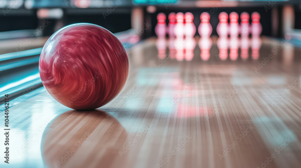 Balling Image Bowling ball on lane with blurred pins and vibrant background. Depth of ...