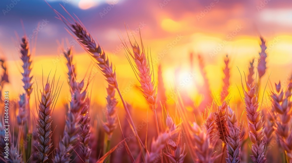 yellow ears of wheat at sunset in nature