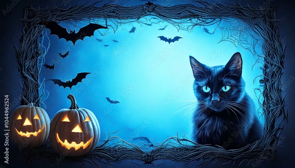 halloween background with pumpkin cat and bats halloween background with pumpkin cat and bats