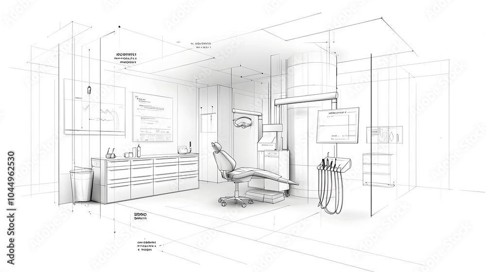 Fototapeta premium Sleek and Futuristic Dental Clinic in Sketch Style with Abstract Technology and Modern Medical Equipment Creating a Clean and Professional Healthcare Atmosphere