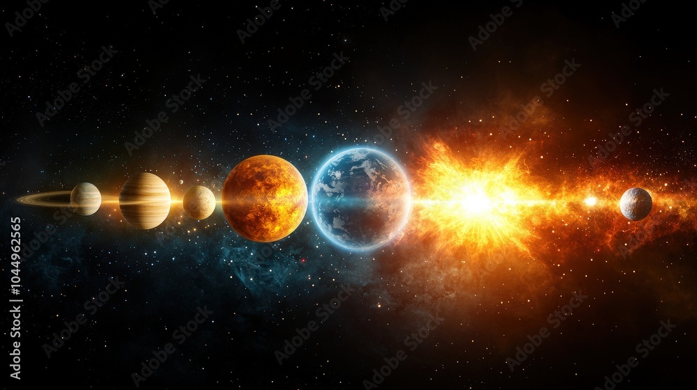 Naklejka premium A solar system with pastel-colored planets, orbiting a distant star, surrounded by nebulae and comets.