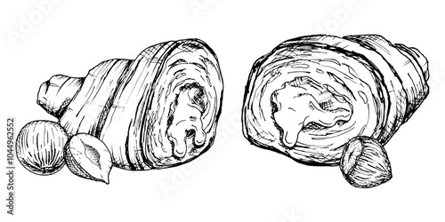A detailed hand-drawn vector illustration of croissants with hazelnuts. Black and white sketch showcasing the flaky texture and nut filling. Ideal for bakery, food packaging, culinary design projects