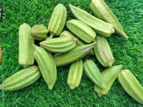 Kate Bhendi or Bhindi or okra used to prepare aamati witch is one of the most popular indian recipe. Louisiana Short Pod Heirloom Okra. photo