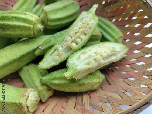 Kate Bhendi or Bhindi or okra used to prepare aamati witch is one of the most popular indian recipe. Louisiana Short Pod Heirloom Okra. photo