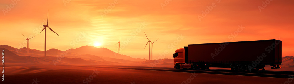 A truck is silhouetted against a stunning sunset, with wind turbines standing tall in the background, showcasing a blend of transportation and renewable energy. A truck is silhouetted against a stunning sunset, with wind turbines standing tall in the background, showcasing a blend of transportation and renewable energy.