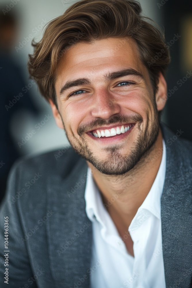 Portrait of a Young Laughing Successful Businessman in Modern Office Generative AI