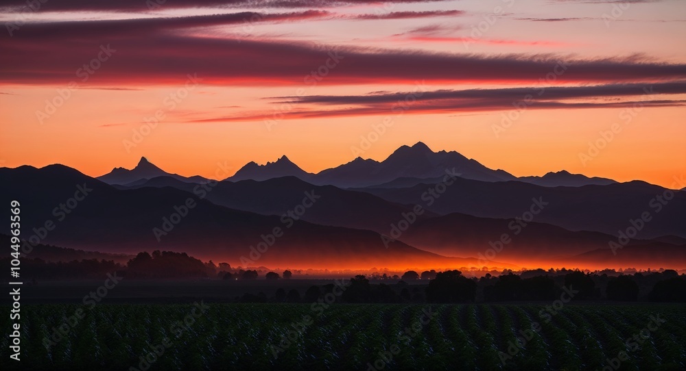 Sunset over mountains with silhouetted fields background vibrant twilight casting warm hues over dramatic summits and shaded crops Sunset over mountains with silhouetted fields background vibrant twilight casting warm hues over dramatic summits and shaded crops