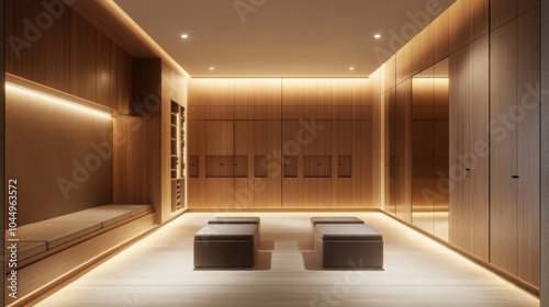 A modern locker room with sleek wooden lockers, soft overhead lighting creating a warm and inviting atmosphere