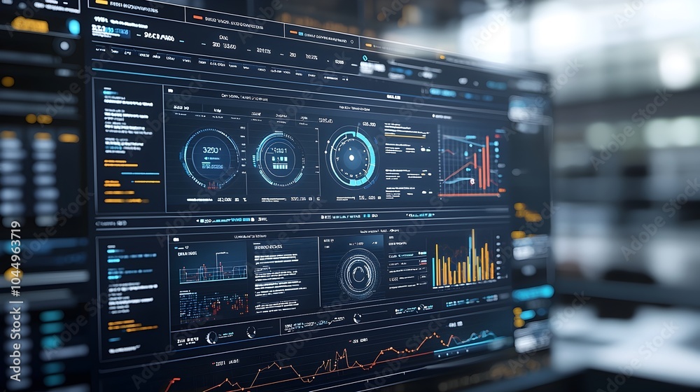 Fototapeta premium Sleek and Modern 3D Business Intelligence Data Dashboard with Abstract Technological Visuals Designed for Real Time Metrics Tracking and Insightful Data Analysis