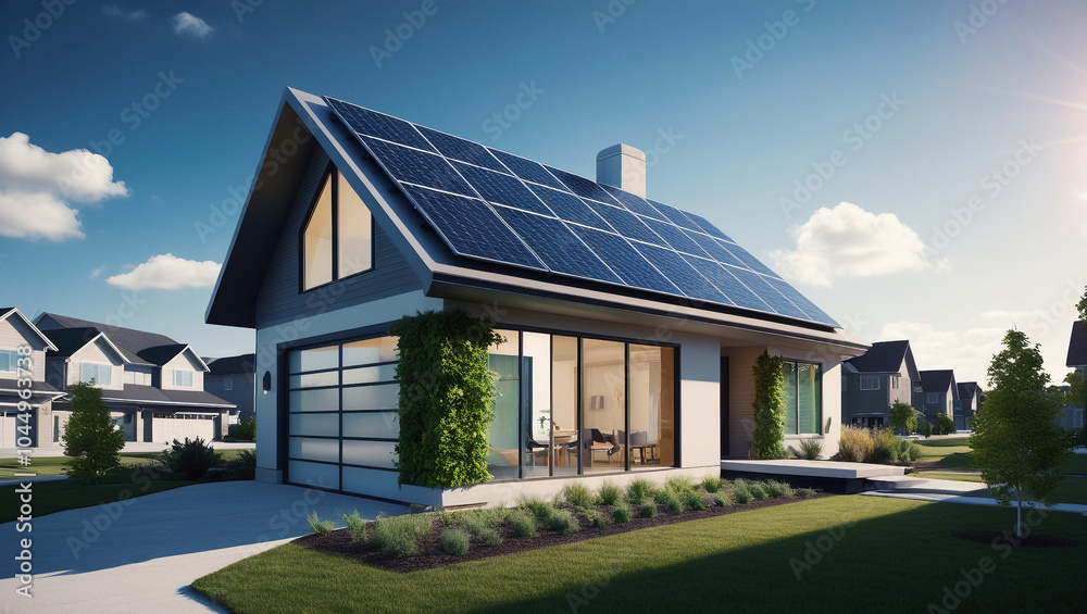 A futuristic generic smart home with solar panels on the rooftop A futuristic generic smart home with solar panels on the rooftop