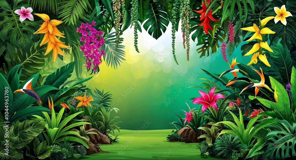 Tropical jungle with exotic plants and flowers background colorful tropical jungle filled with exotic plants and vibrant flowers