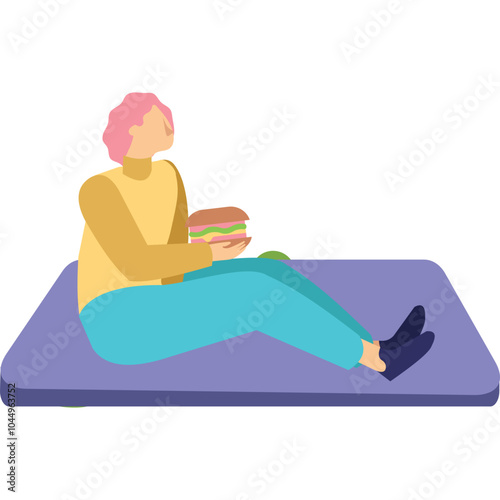 Woman eating hamburger vector fast food icon