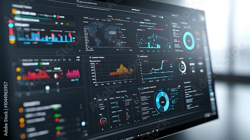 Futuristic 3D rendered business intelligence dashboard featuring abstract technology graphics and virtual data analysis offering valuable insights into business performance and strategy photo