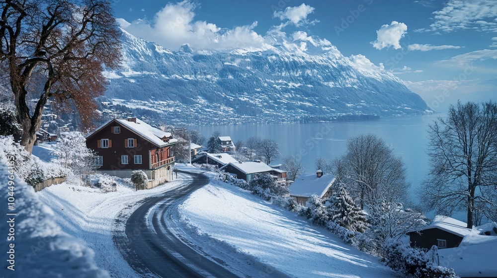 Snowy Mountain Village by the Lake - Winter Wonderland Snowy Mountain Village by the Lake - Winter Wonderland