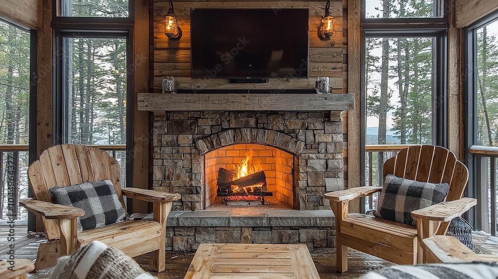 Fototapeta premium A stylish rustic living room with a mounted TV above a cozy brick fireplace, surrounded by comfortable wooden chairs and soft cushions for a perfect entertainment setting.