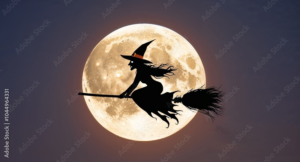 Fototapeta premium Witch flying on a broomstick against the moon background silhouetted witch soaring through the sky framed by a large glowing moon