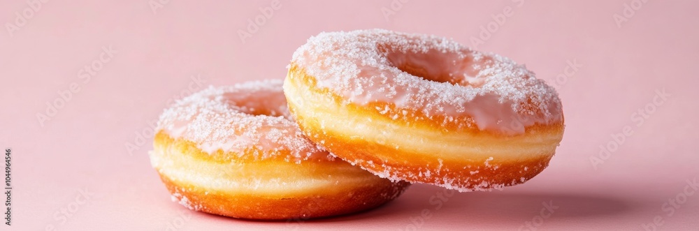 Close-up of Two Bitten Glazed Donuts on Pastel Pink Background Generative AI Close-up of Two Bitten Glazed Donuts on Pastel Pink Background Generative AI
