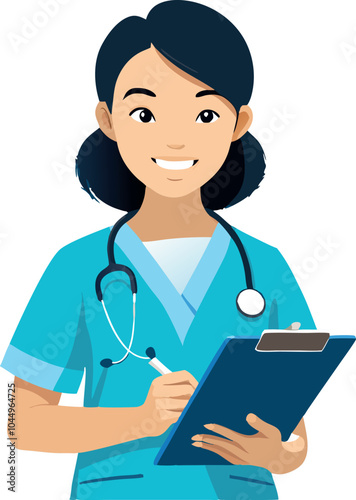 Asian female doctor or nurse taking notes smiling at hospital wearing scrubs