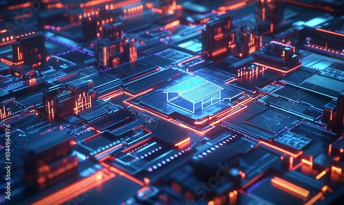 Abstract illustration of a house icon glowing on a circuit board, representing smart home technology.