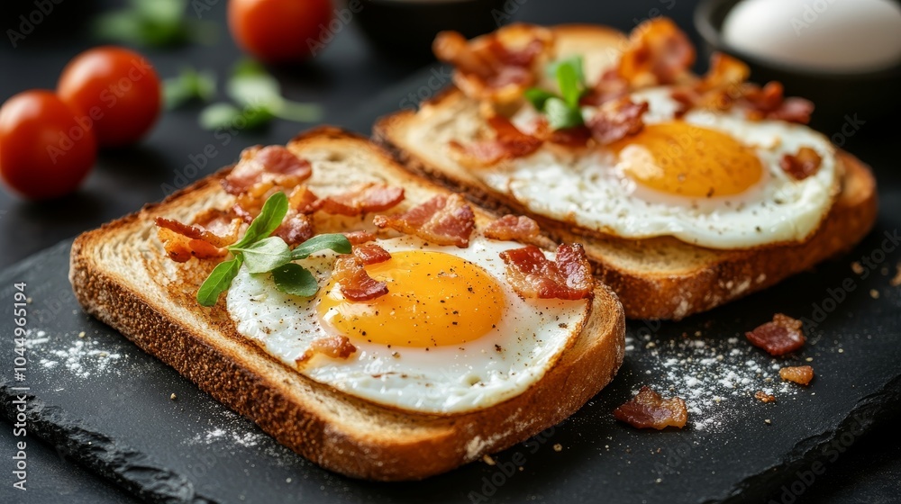Two Toasts with Fried Eggs, Crispy Bacon, and Fresh Herbs on a Dark Background, Close Up Two Toasts with Fried Eggs, Crispy Bacon, and Fresh Herbs on a Dark Background, Close Up