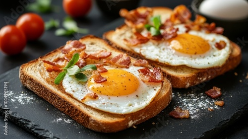 Two Toasts with Fried Eggs, Crispy Bacon, and Fresh Herbs on a Dark Background, Close Up