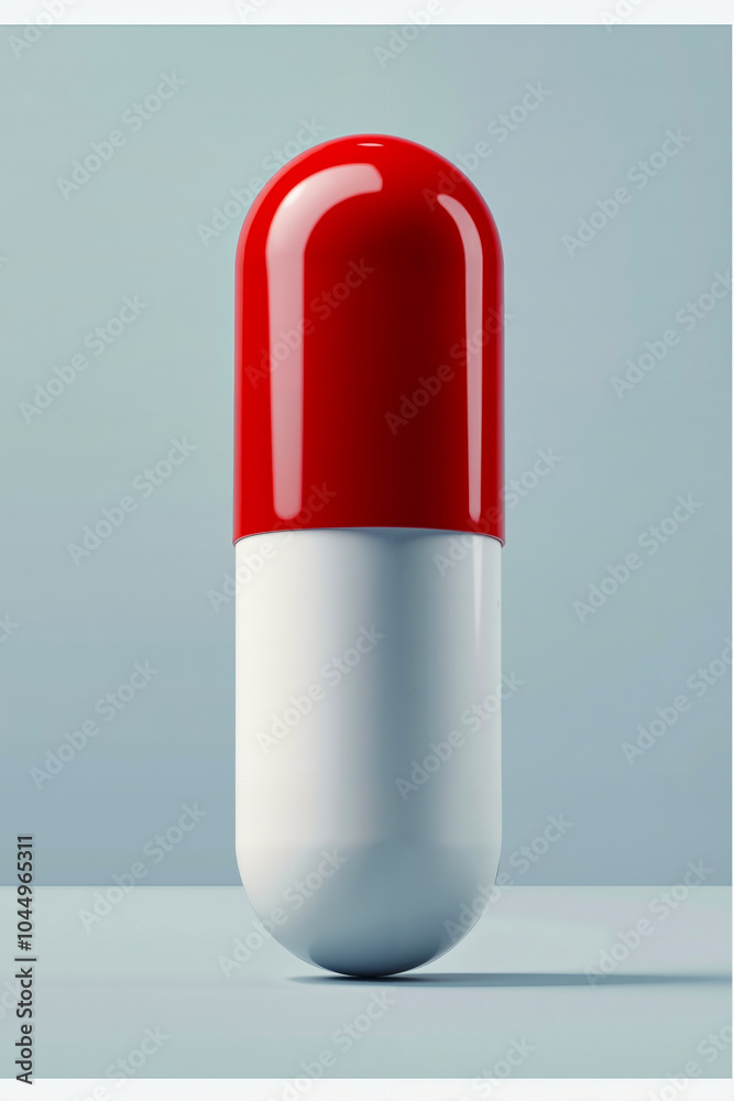 A red and white pill sitting on top of a table A red and white pill sitting on top of a table