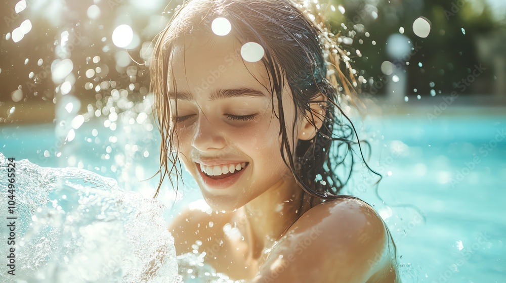 A young woman in a swimming pool smiles. A young woman in a swimming pool smiles.