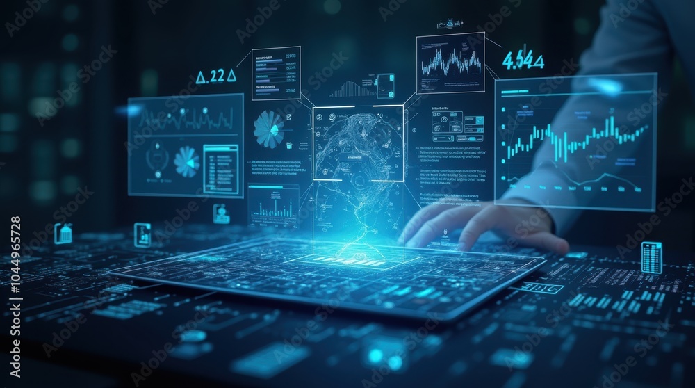 A sleek, futuristic interface featuring holographic displays of machine learning algorithms and AI processing. A sleek, futuristic interface featuring holographic displays of machine learning algorithms and AI processing.