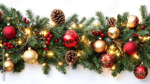 Christmas garland with red and gold ornaments, pine cones, holly berries, and string lights on a white background.
