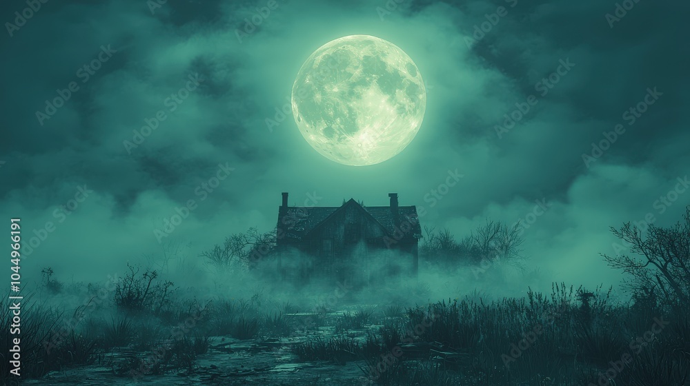 Fototapeta premium A vibrant Halloween cartoon scene with a glowing full moon above a spooky old house, casting long, spooky shadows on a foggy landscape filled with mystery.