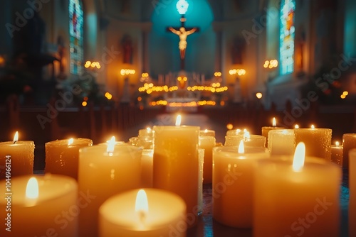 Glowing Candles Illuminate the Sacred Interiors of a Magnificent Christian Cathedral