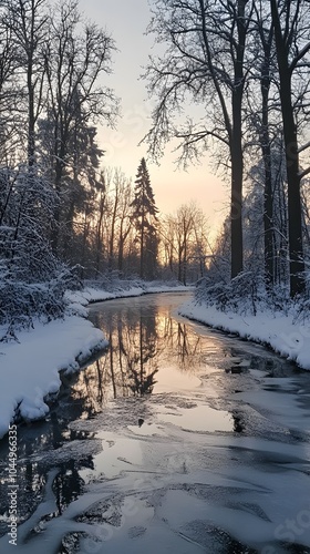 A frozen river in the winter forest, with ice and snow covering its surface. The sky is cloudy at dusk