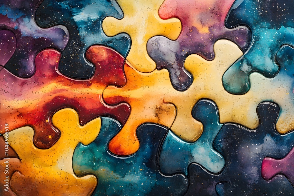 Harmonious Interlocking Puzzle Pieces with Vibrant Watercolor Texture Symbolizing Connection and Harmonious Interlocking Puzzle Pieces with Vibrant Watercolor Texture Symbolizing Connection and