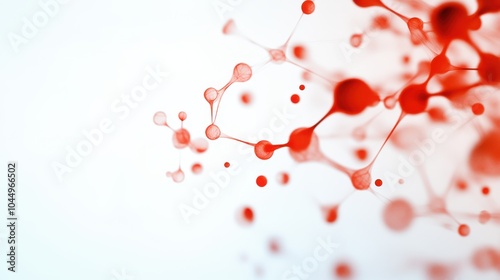 A digital image featuring abstract red molecules and connections, symbolizing scientific exploration, visualized on a smooth white background devoid of distractions.
