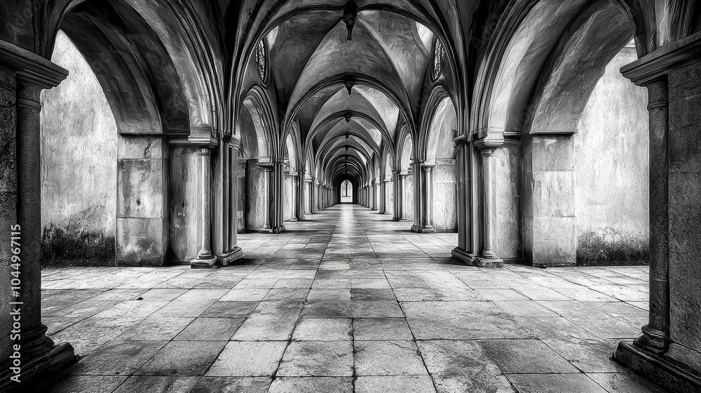 Serene Corridor with Arched Architecture in Monochrome Serene Corridor with Arched Architecture in Monochrome