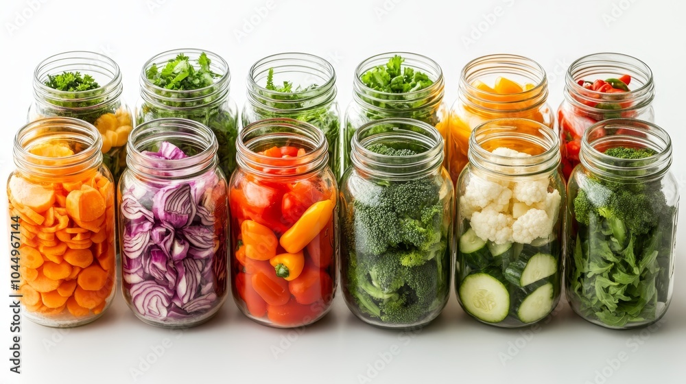 Vibrant collection of fresh vegetables displayed in clear glass jars for a healthy lifestyle Vibrant collection of fresh vegetables displayed in clear glass jars for a healthy lifestyle
