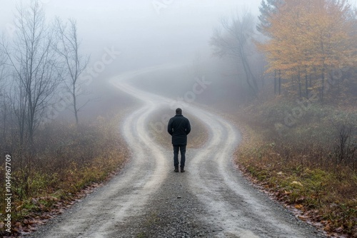 Man Choosing the Right Path on Foggy Road Generative AI