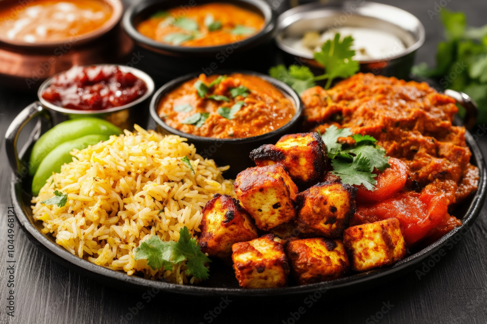 A Close-Up Shot Of A Vibrant Thali Showcasing A Variety Of Dishes Including Dal, Paneer Tikka, Vegetable Curry, And A Small Bowl Of Sweet Dessert, All Garnished With Fresh Herbs A Close-Up Shot Of A Vibrant Thali Showcasing A Variety Of Dishes Including Dal, Paneer Tikka, Vegetable Curry, And A Small Bowl Of Sweet Dessert, All Garnished With Fresh Herbs