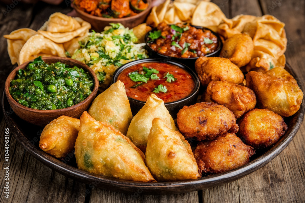 A Close-Up Of A Platter Of Homemade Samosas And Pakoras, Served With Various Chutneys, Surrounded By Muslim Family Members Enjoying Their Appetizers Together A Close-Up Of A Platter Of Homemade Samosas And Pakoras, Served With Various Chutneys, Surrounded By Muslim Family Members Enjoying Their Appetizers Together